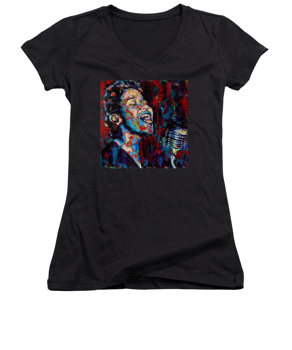 Art Women's V-Neck featuring the painting Ella Fitzgerald by Angie Wright