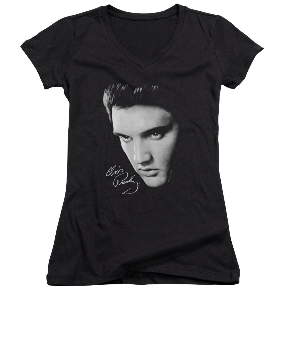 Monochrome Women's V-Neck featuring the digital art Elvis - Face by Brand A