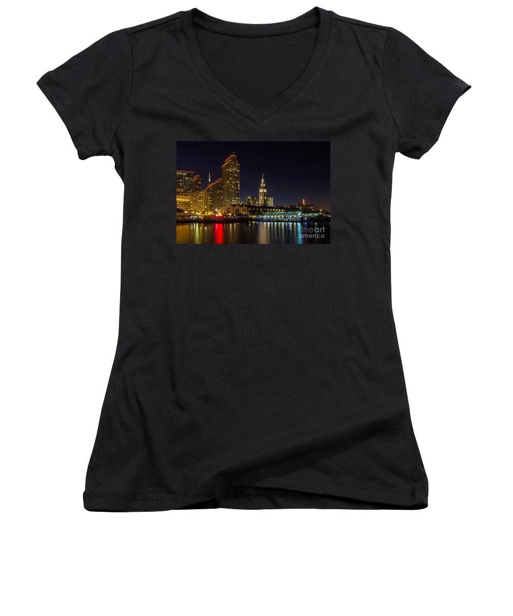 Blue Hour Women's V-Neck featuring the photograph Embarcadero Blue Hour by Kate Brown