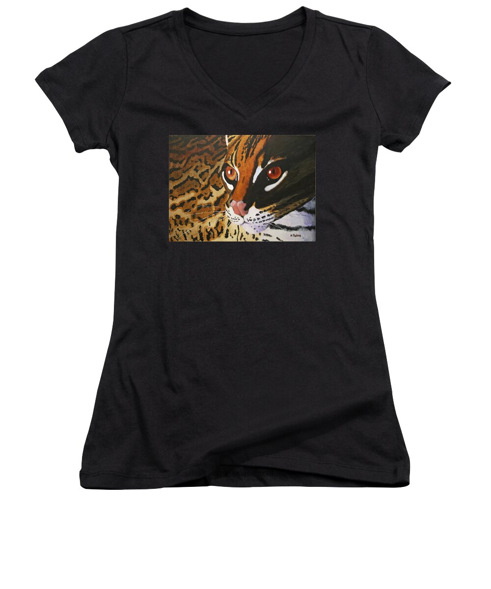 Endangered Women's V-Neck featuring the painting Endangered - Ocelot by Mike Robles