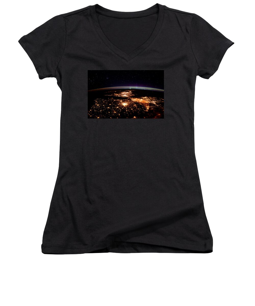 Satellite Image Women's V-Neck featuring the photograph Europe At Night, Satellite View by Science Source