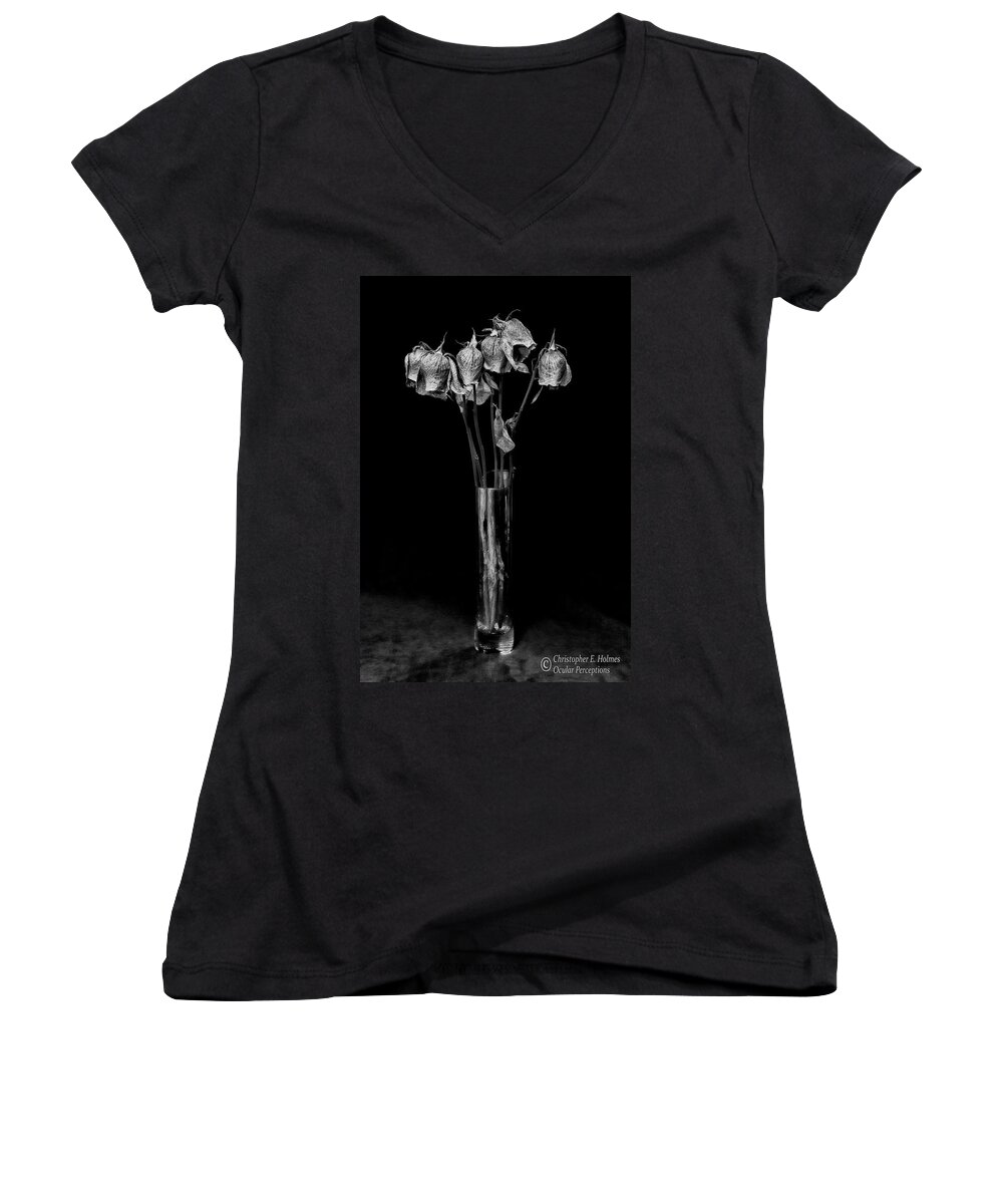 Flower Women's V-Neck featuring the photograph Faded Long Stems - BW by Christopher Holmes