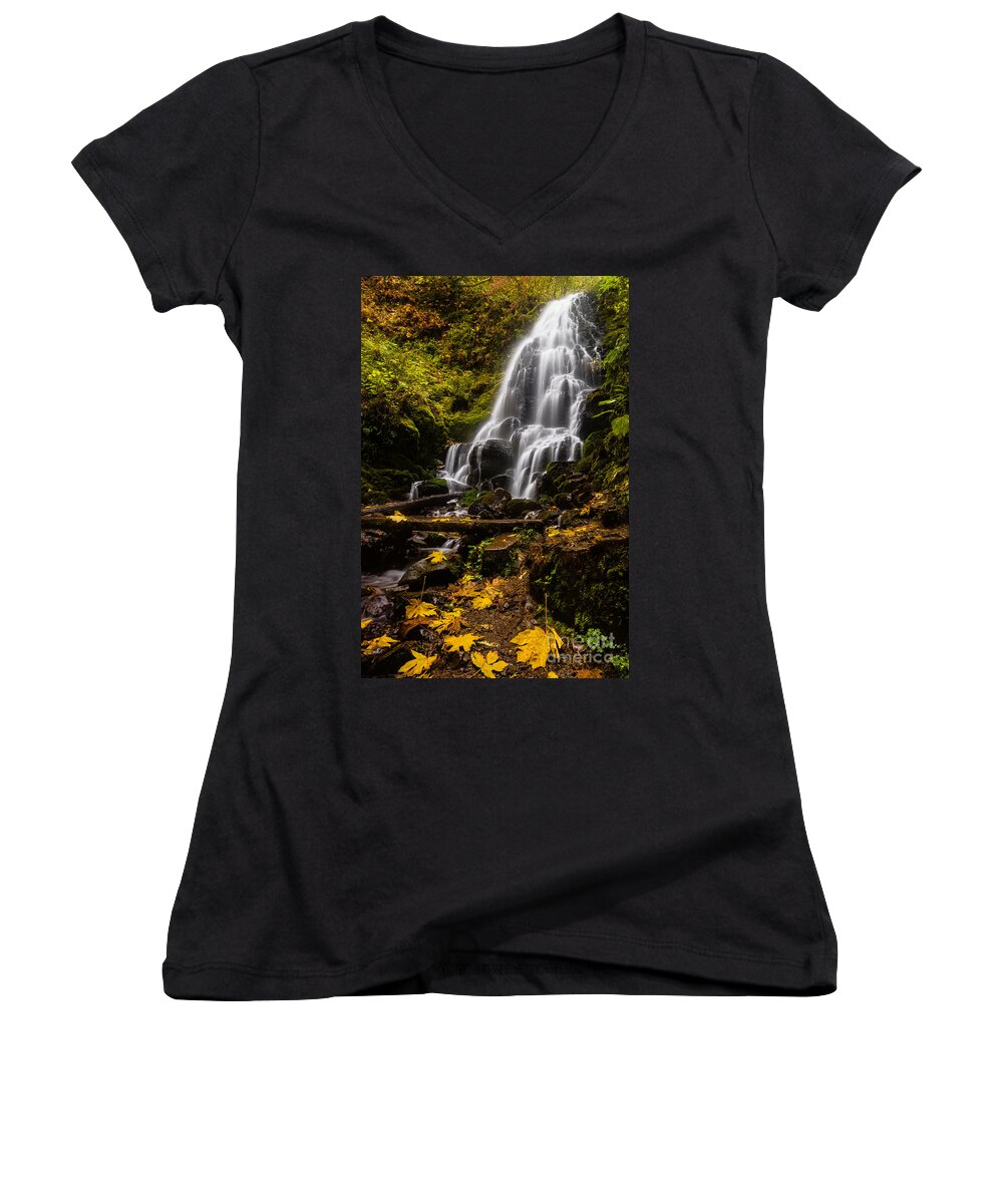 Columbia River Gorge Women's V-Neck featuring the photograph Fairy Falls Columbia River Gorge by Vishwanath Bhat