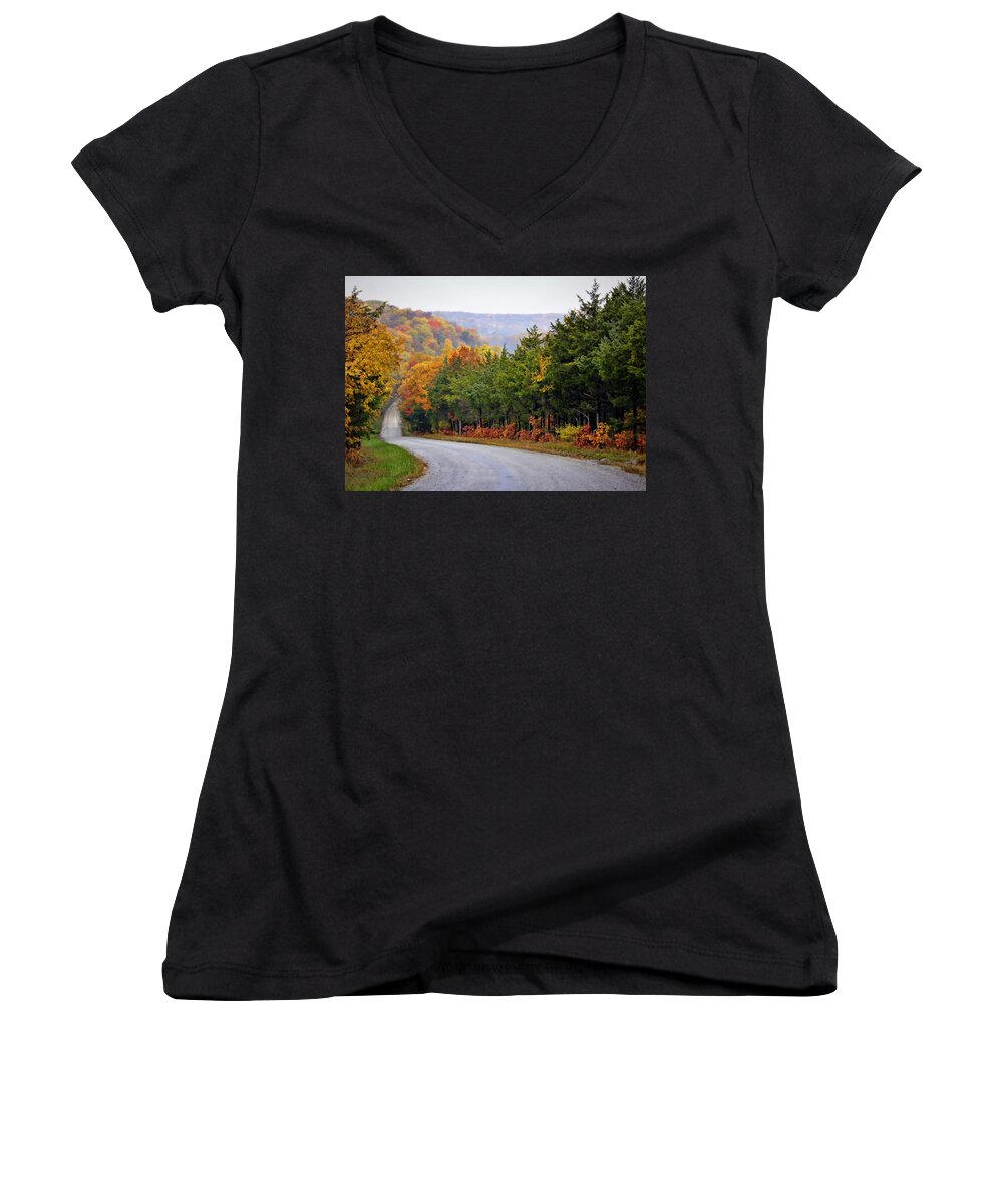 Fall Women's V-Neck featuring the photograph Fall on Fox Hollow Road by Cricket Hackmann