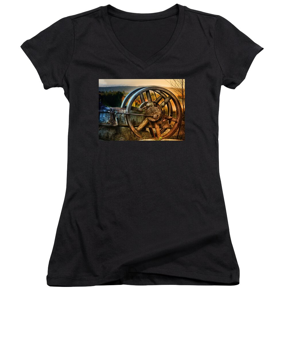 Wheels Women's V-Neck featuring the photograph Fall Through the Wheels by Sue Capuano