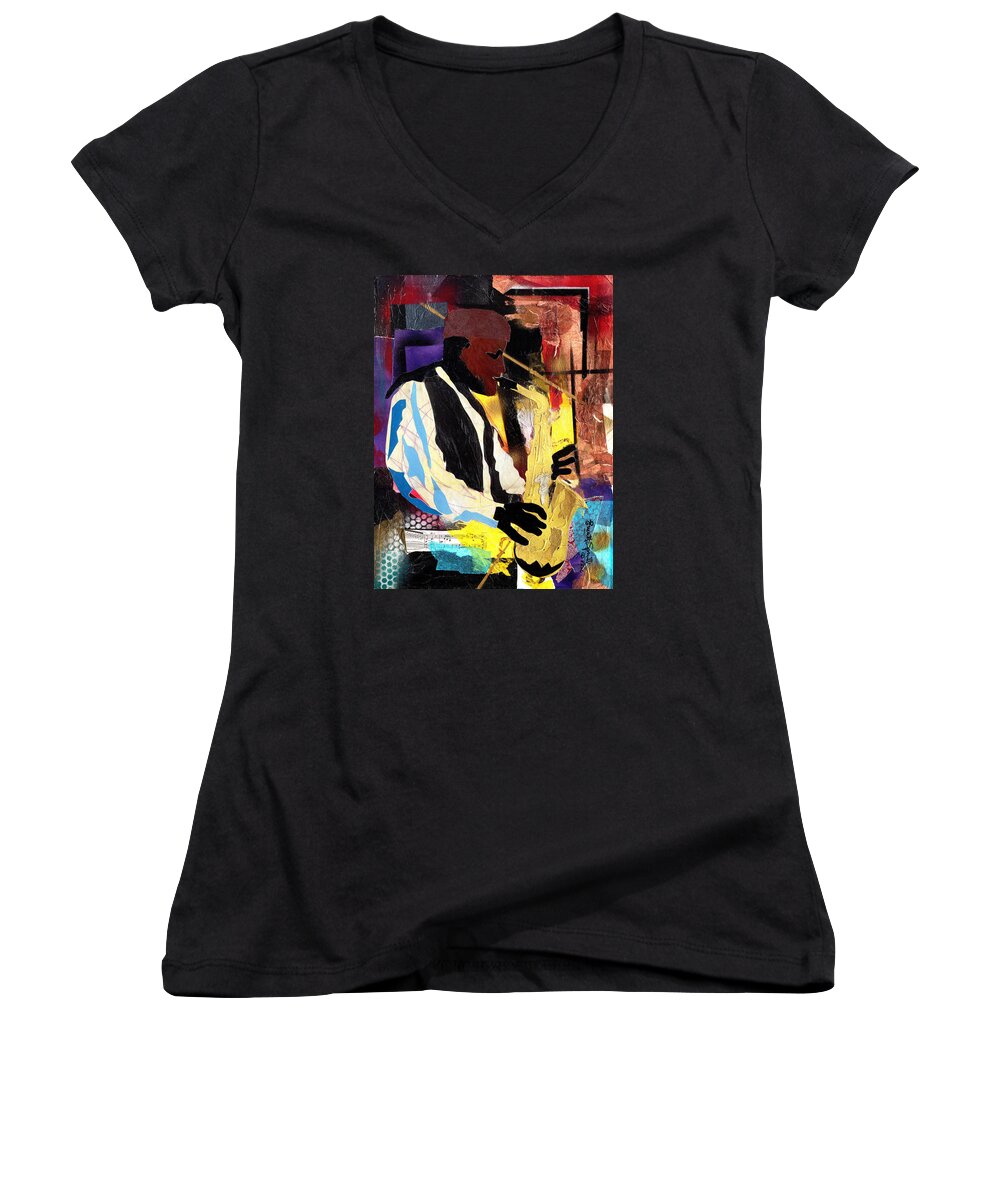 Everett Spruill Women's V-Neck featuring the painting Fathead Newman by Everett Spruill