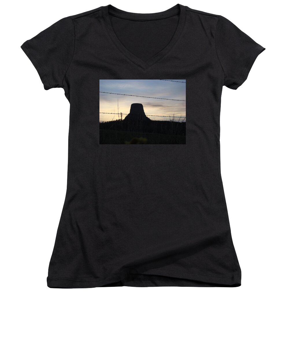 Devils Tower Women's V-Neck featuring the photograph Fencing Devil's Tower by Cathy Anderson