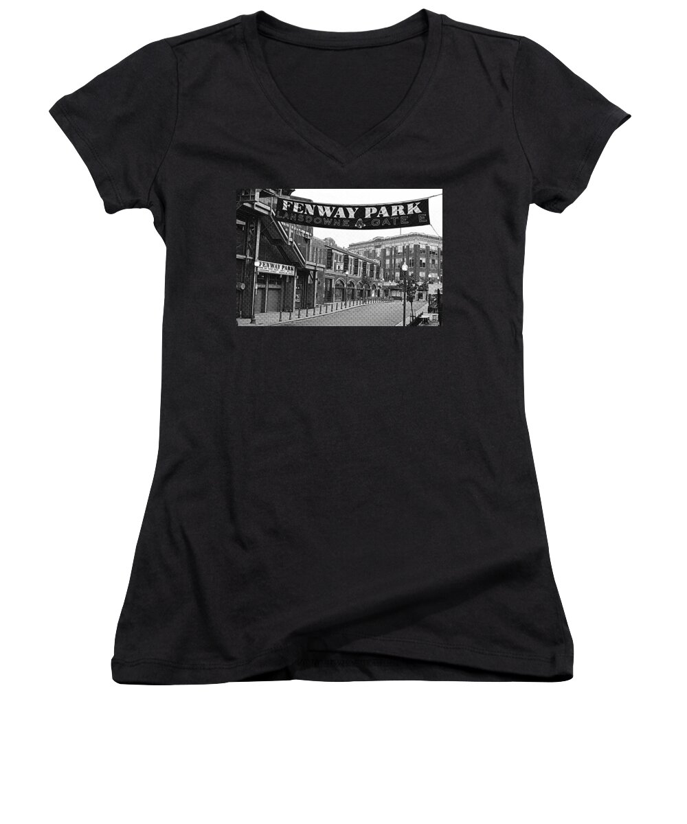 Boston Women's V-Neck featuring the photograph Fenway Park Banner Black and White by Toby McGuire