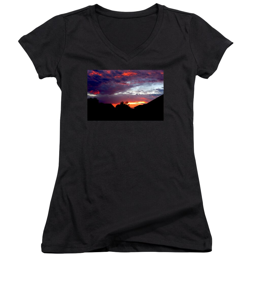 Sunset Women's V-Neck featuring the photograph Fire in the Sky by Michael Stowers