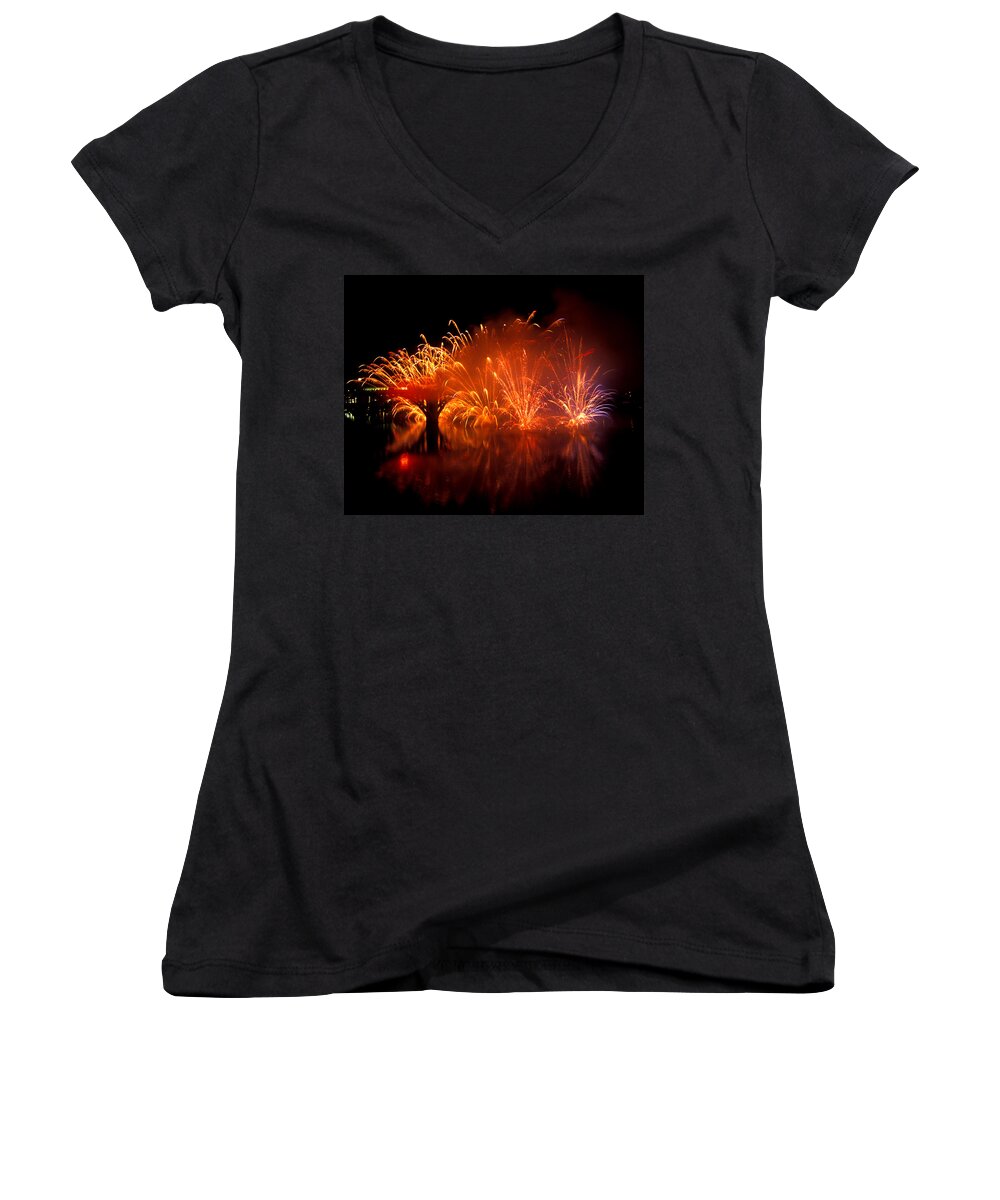 Fireworks Women's V-Neck featuring the photograph Fire on the Water by Paul W Faust - Impressions of Light