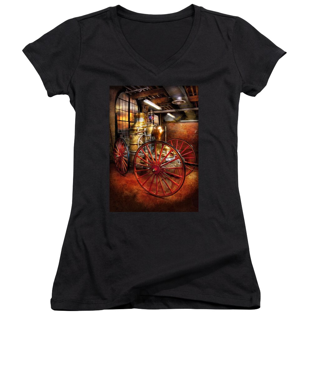 Suburbanscenes Women's V-Neck featuring the photograph Fireman - One day a long time ago by Mike Savad