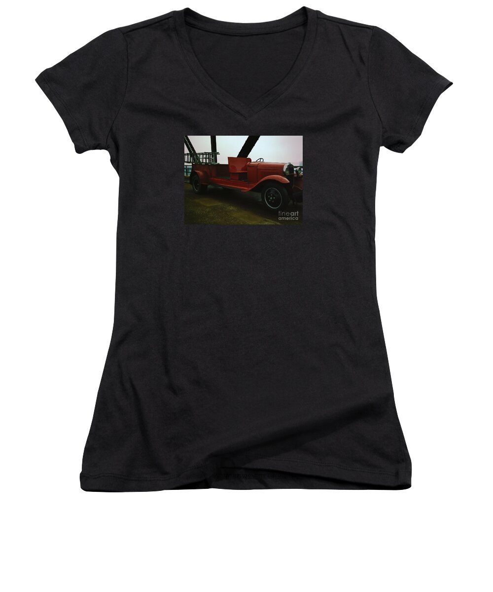  Women's V-Neck featuring the photograph Firetruck on the Chain of Rocks Bridge by Kelly Awad