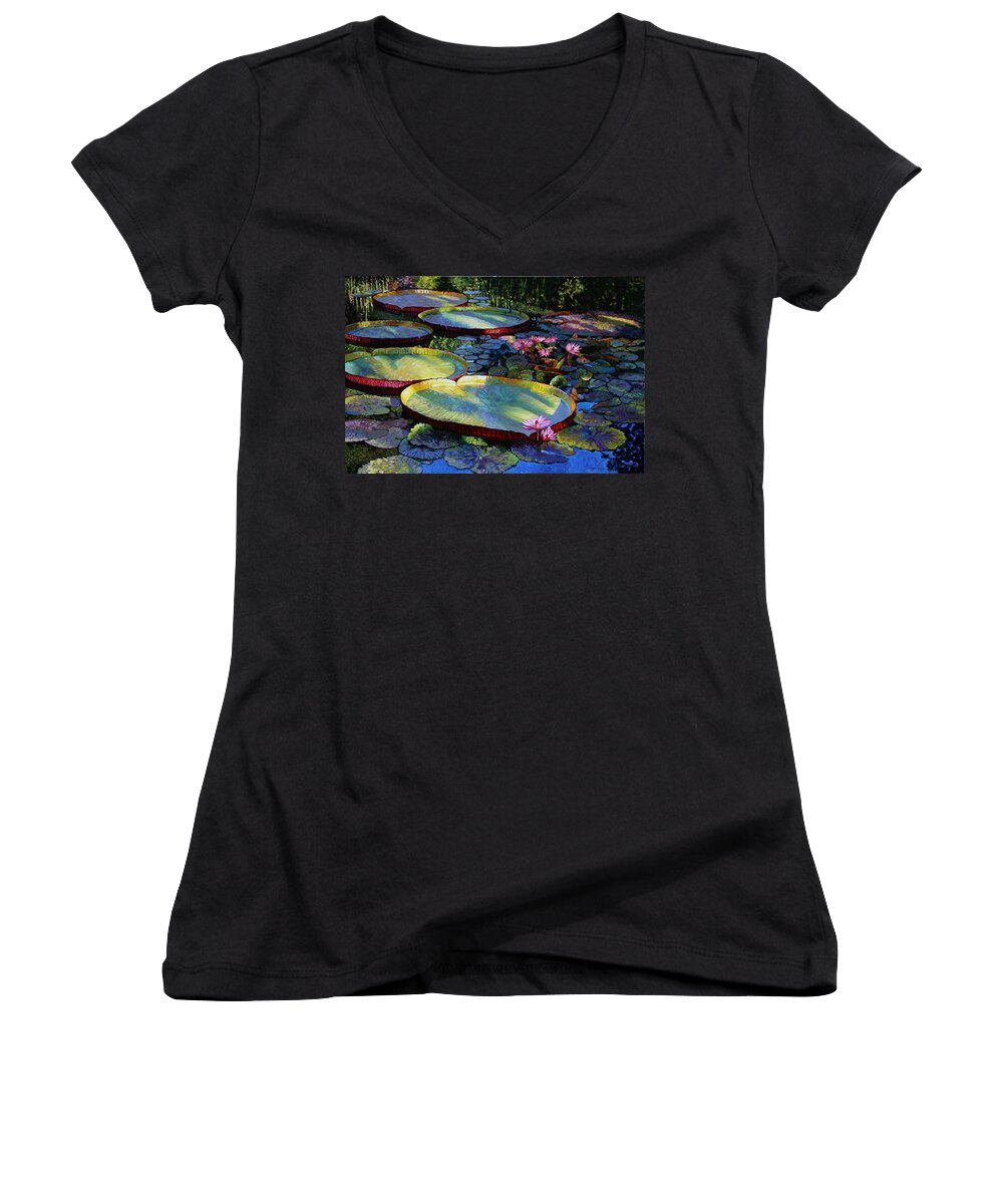 Garden Pond Women's V-Neck featuring the painting First Morning Light by John Lautermilch
