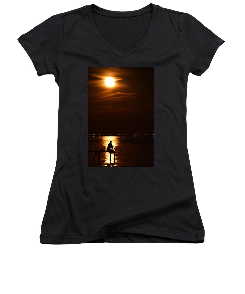 Fisherman Women's V-Neck featuring the photograph Fishing by Moonlight01 by Jeff at JSJ Photography