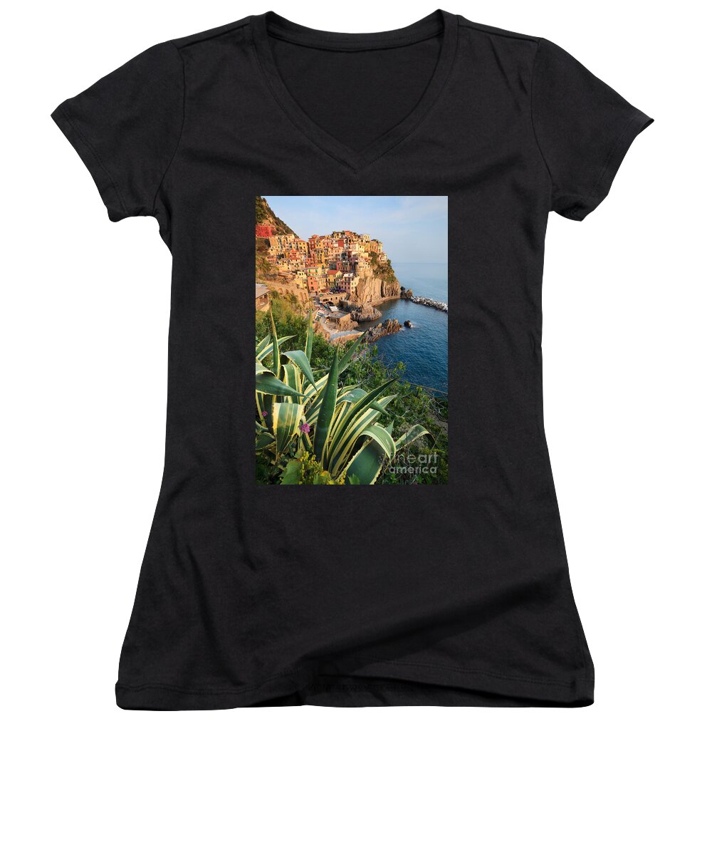 Cinque Terre Women's V-Neck featuring the photograph Fishing village of Manarola Cinque Terre Italy by Matteo Colombo