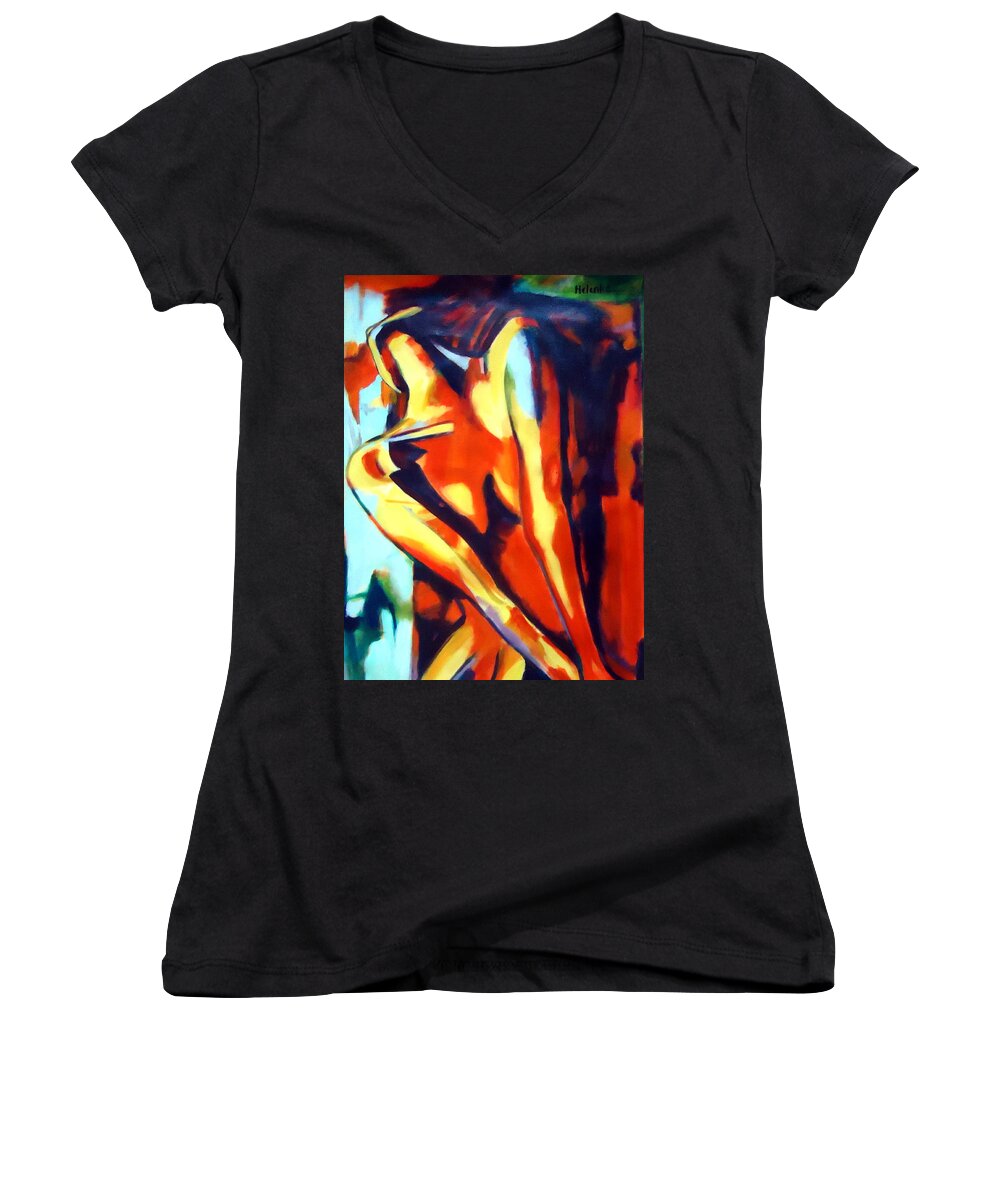 Contemporary Art Women's V-Neck featuring the painting Flames of needs by Helena Wierzbicki