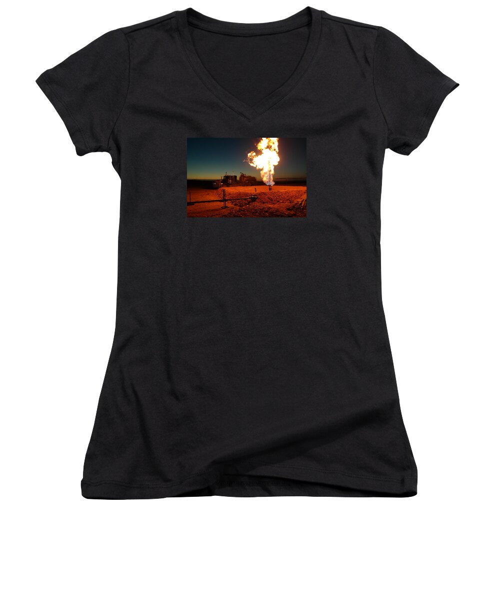 Trucks Women's V-Neck featuring the photograph Flare And A Vacuum Truck by Jeff Swan