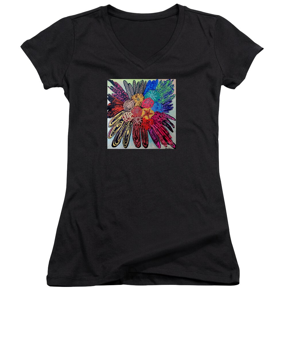 Abstract Women's V-Neck featuring the painting Flowers burst by Jasna Gopic by Jasna Gopic