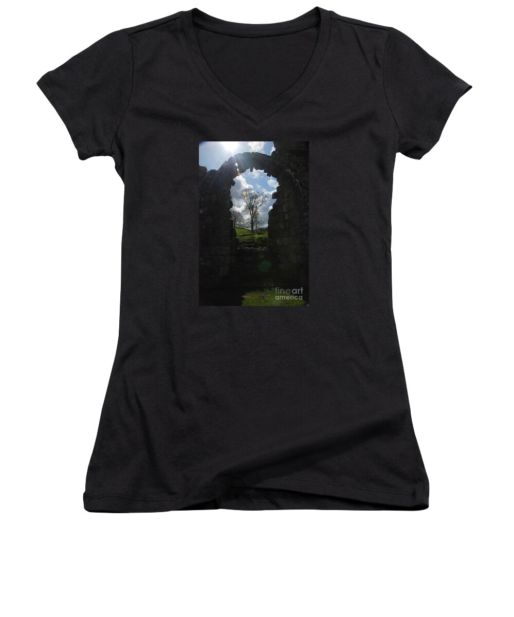 Fountains Abbey Yorkshire Uk Stone Wall Window Sun Ray Tree Arch Women's V-Neck featuring the photograph Fountains Abbey by Richard Gibb
