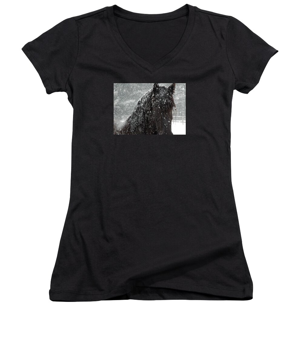 Horses Women's V-Neck featuring the photograph Friesian Snow by Fran J Scott