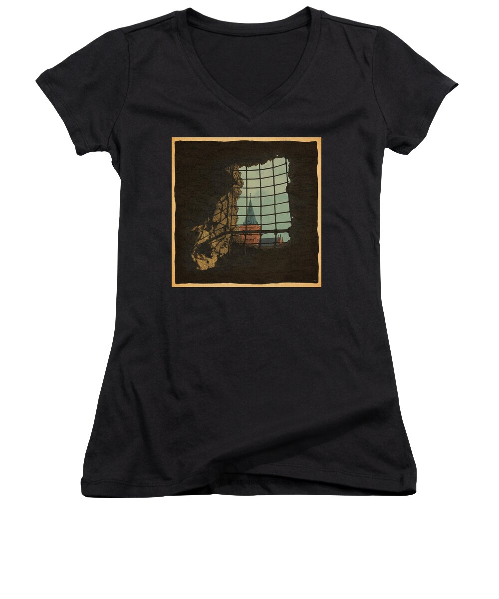 Castle Bars Cathedral Shadow Light Rock Women's V-Neck featuring the drawing From a Castle by Meg Shearer