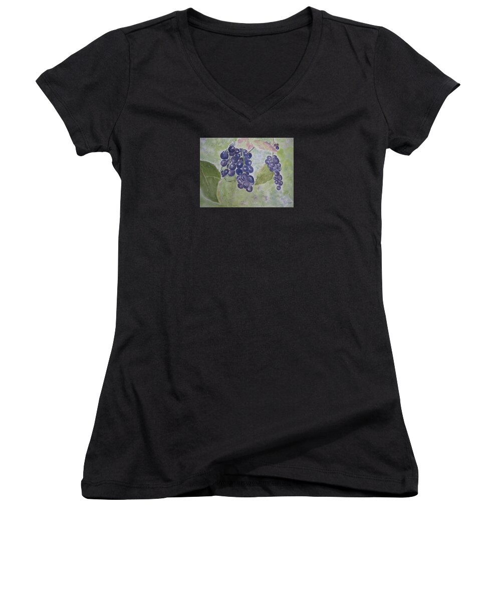 Grapes On A Vine Women's V-Neck featuring the painting Fruits of the wine by Elvira Ingram