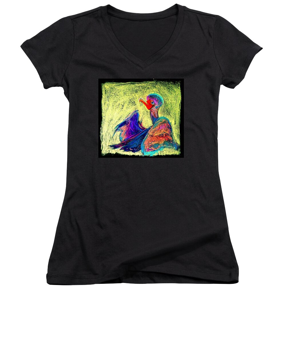 Art Women's V-Neck featuring the painting Funky Cormorant Baby Wing Dance Art Prints by Sue Jacobi