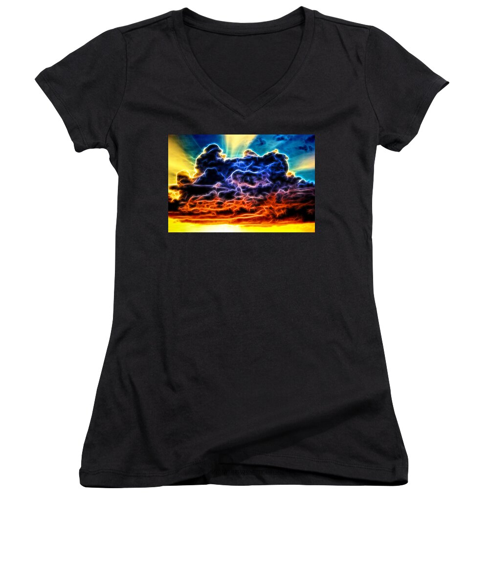 Rainbow Women's V-Neck featuring the photograph Funky Glowing Electrified Rainbow Clouds Abstract by Shelley Neff