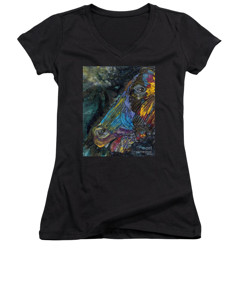 Horse Women's V-Neck featuring the painting Fury by Kasha Ritter