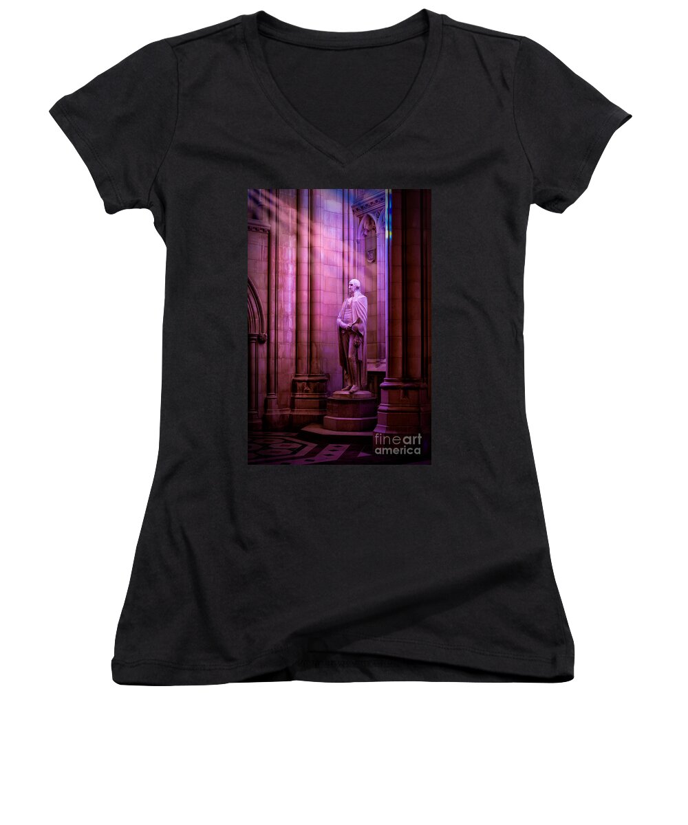 Lee Lawrie Women's V-Neck featuring the photograph George Washington at the National Cathedral by Jerry Fornarotto
