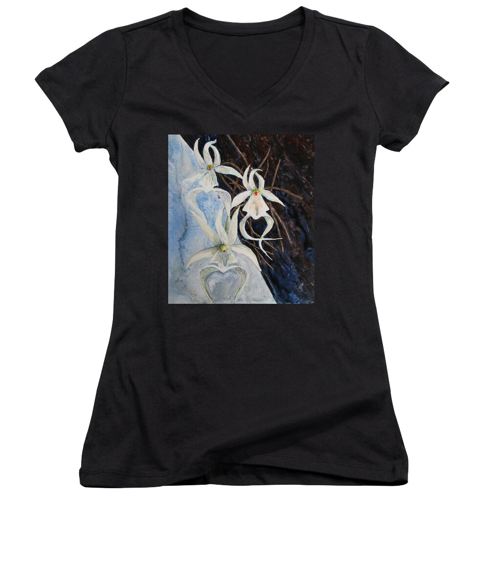 Ghost Orchid Women's V-Neck featuring the painting Ghost Orchid Blooming by Patricia Beebe