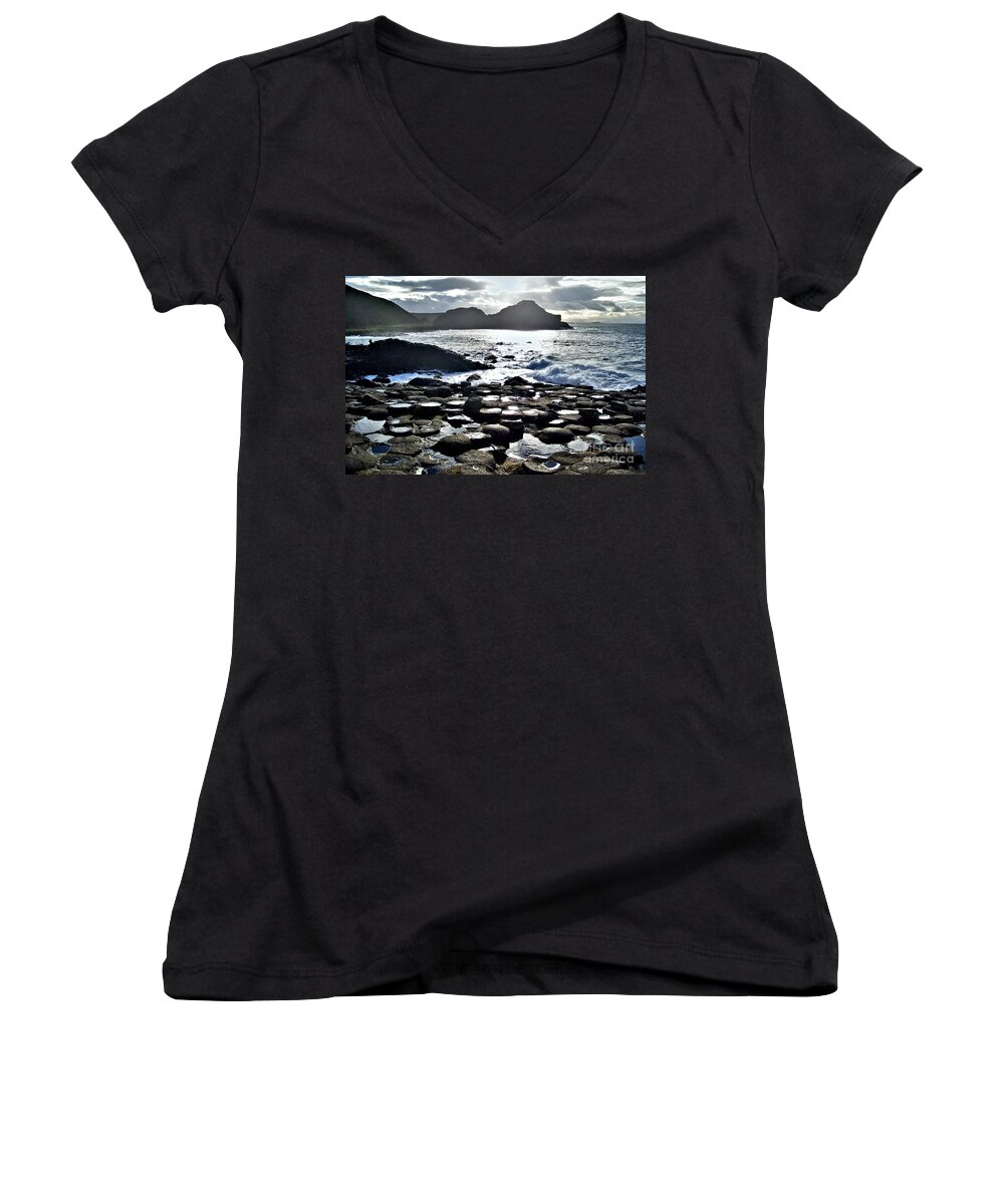 Giant's Causeway Women's V-Neck featuring the photograph Giant's Causeway sunset by Nina Ficur Feenan