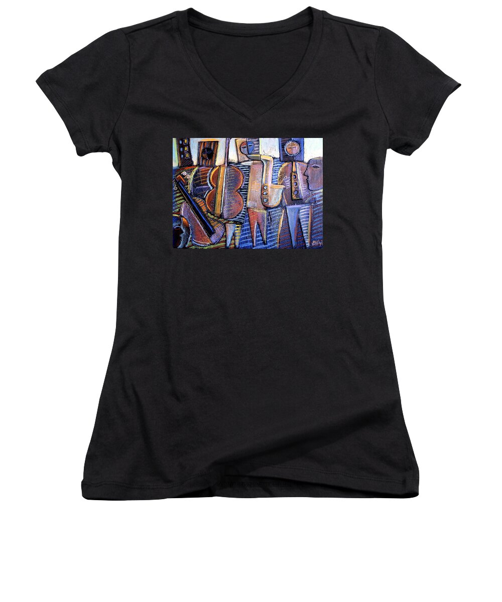Music Theme Women's V-Neck featuring the painting Gods of Jazz by Gerry High
