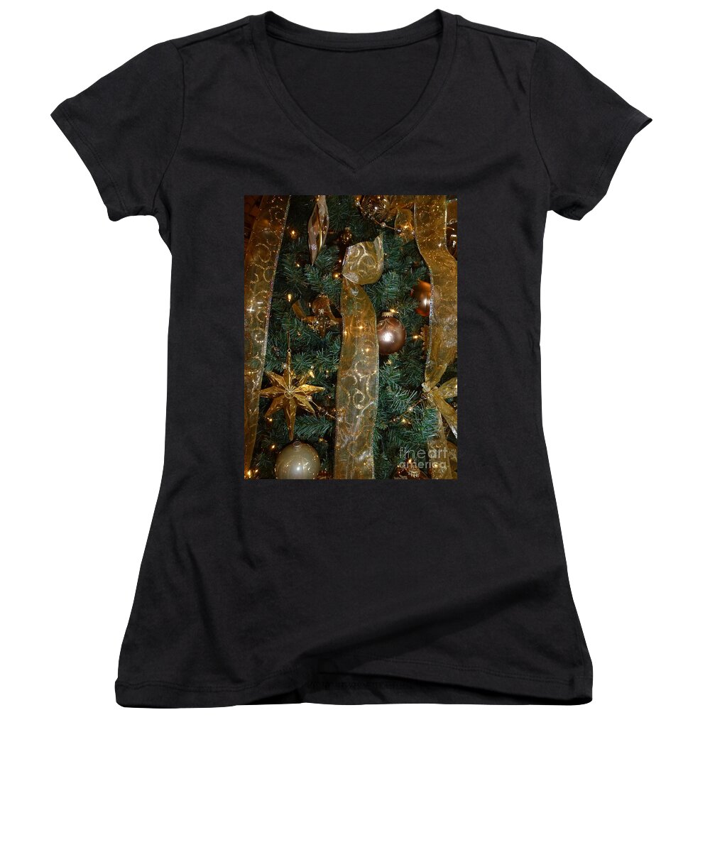 Christmas Tree Women's V-Neck featuring the photograph Gold Tones Tree by Barbie Corbett-Newmin