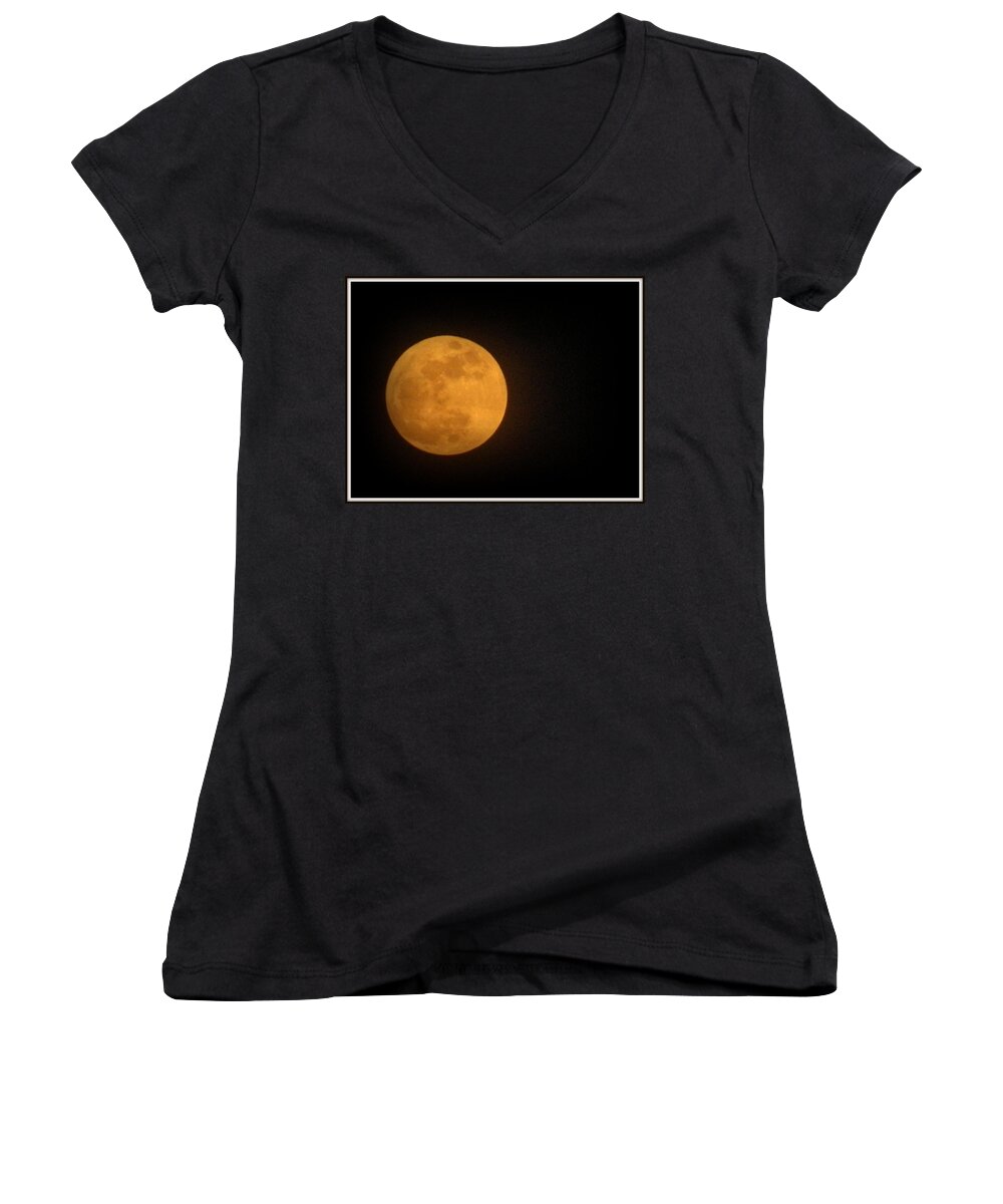Moon Women's V-Neck featuring the photograph Golden Super Moon by Kathy Barney
