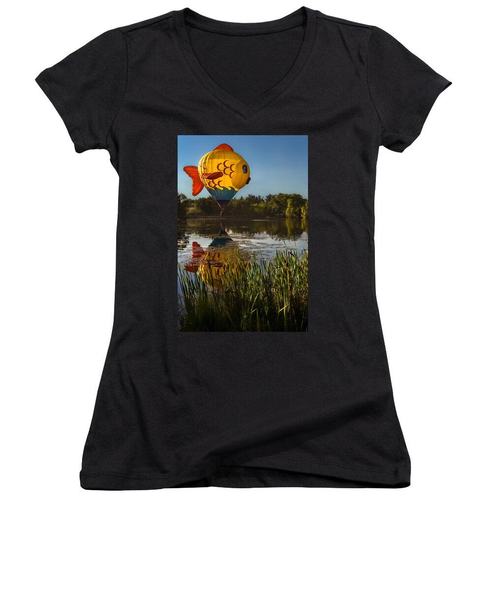Goldfish Women's V-Neck featuring the photograph Goldfish Reflection by Linda Villers