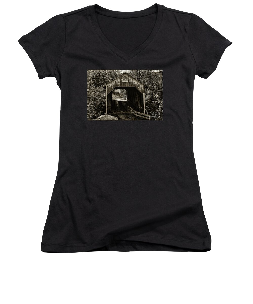 Architecture Women's V-Neck featuring the photograph Grange City Covered Bridge - Sepia by Mary Carol Story