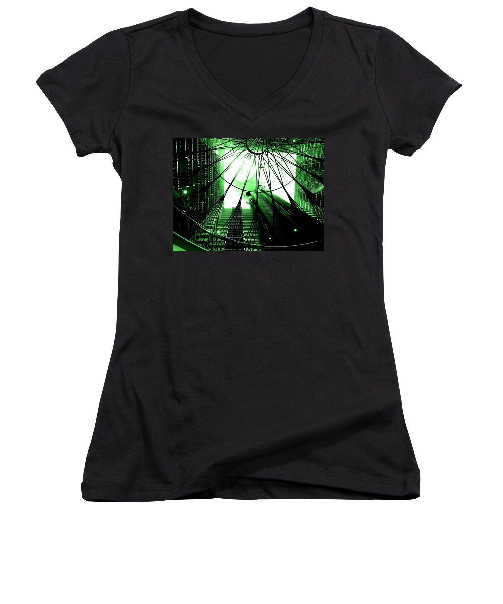 Marriott Marque Hotel Women's V-Neck featuring the photograph Green Marriott Marque by Cleaster Cotton