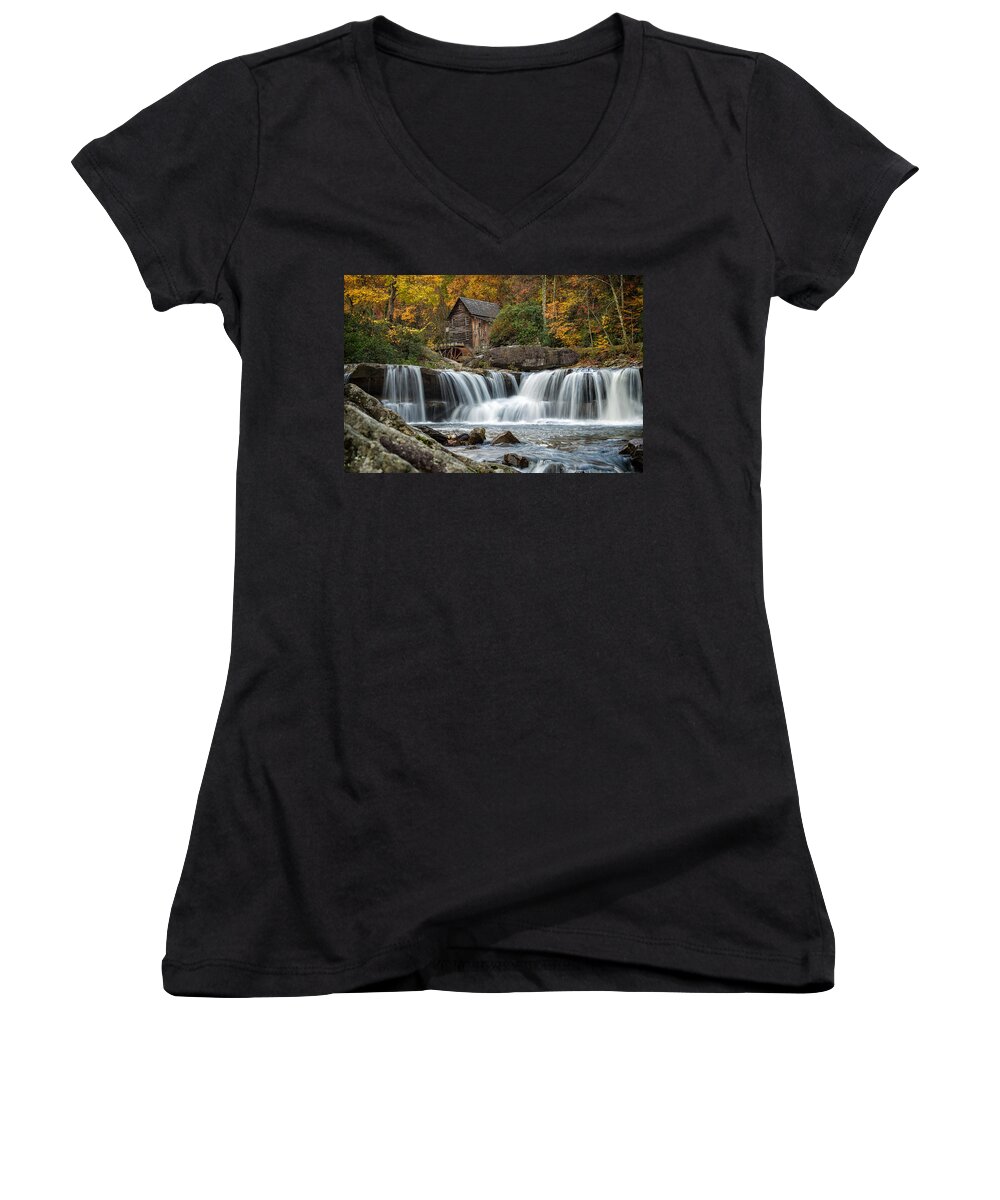 Babcock State Park Women's V-Neck featuring the photograph Grist Mill with Vibrant Fall Colors by Lori Coleman