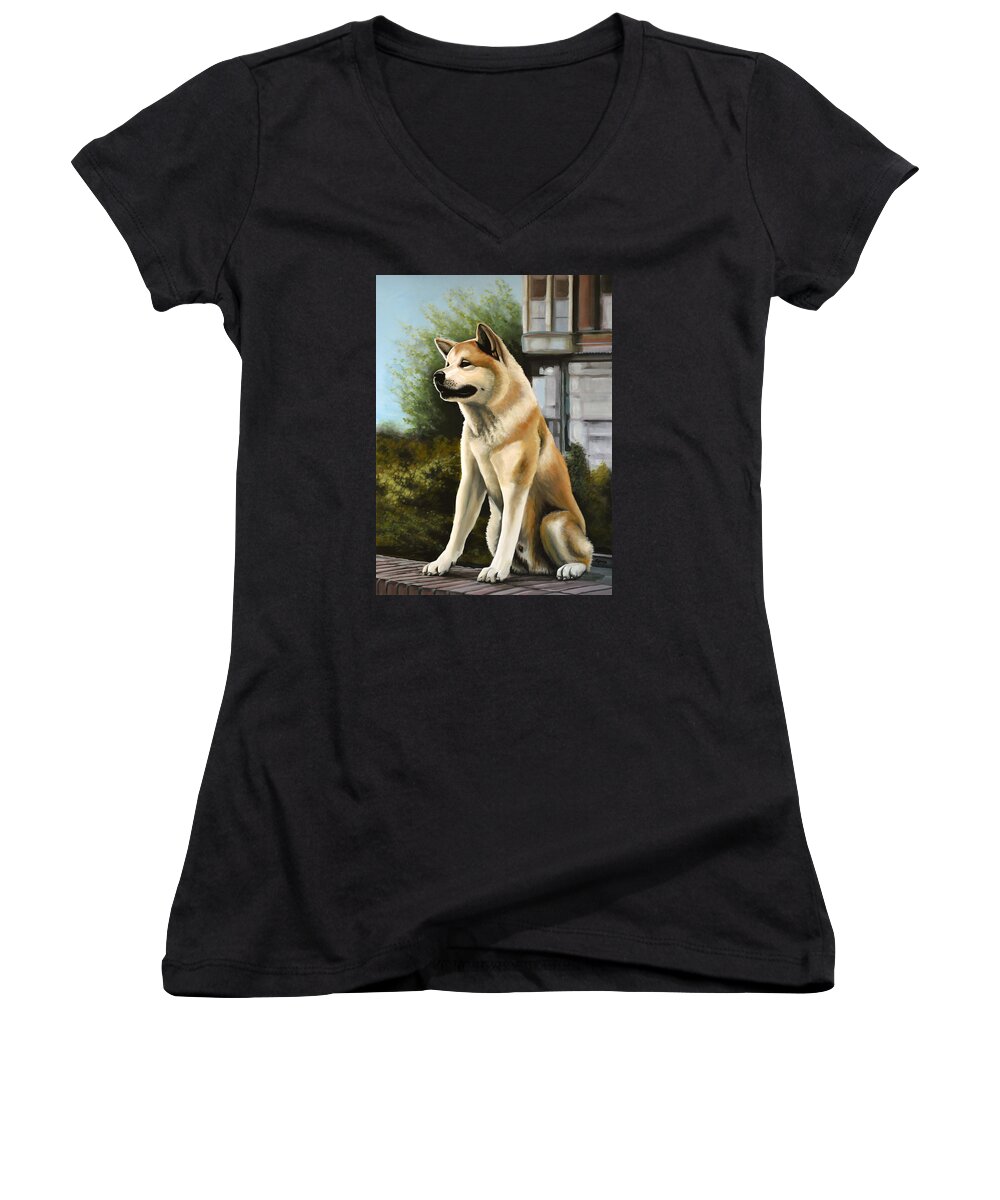 Hachi Women's V-Neck featuring the painting Hachi Painting by Paul Meijering