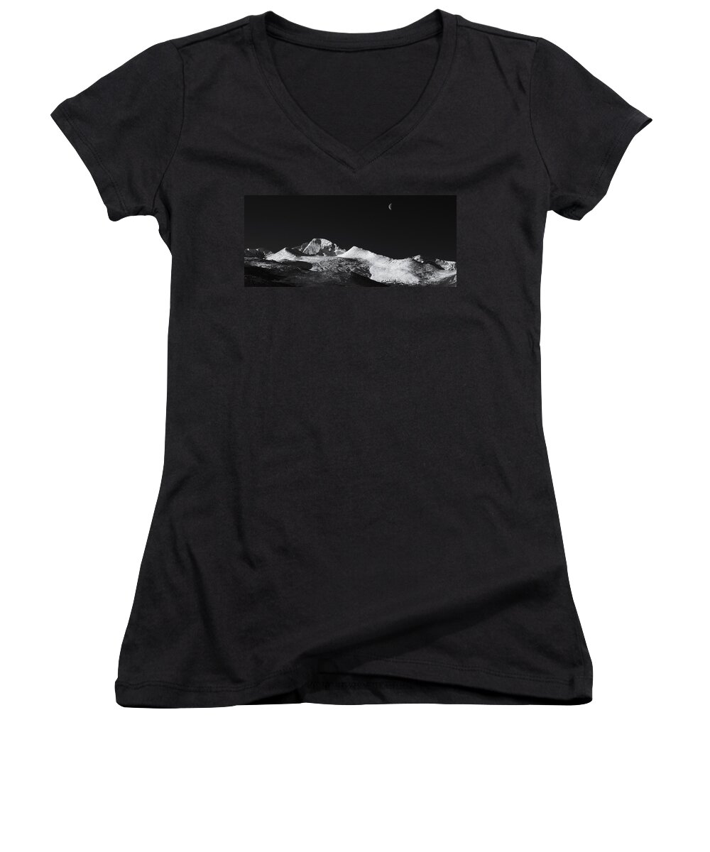 Monochrome Women's V-Neck featuring the photograph Half Moon over Longs Peak by Darren White