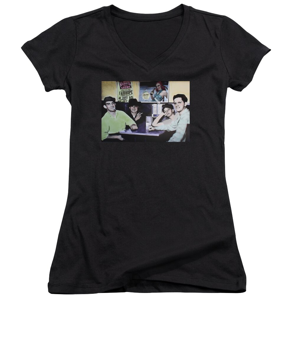 Diner Women's V-Neck featuring the digital art Dad and Friends Hanging At The Diner 1949 by Deborah Boyd