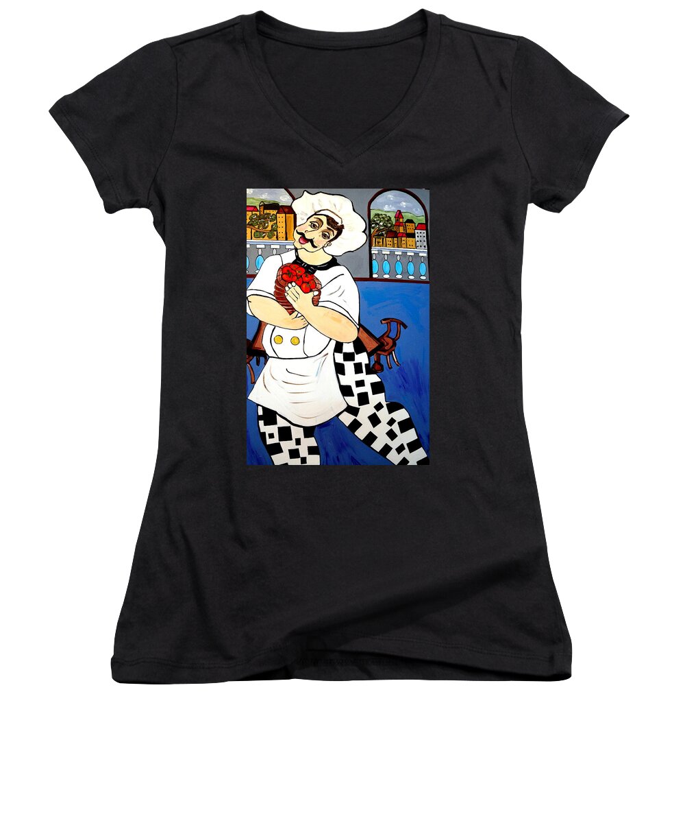 Happy Chef Women's V-Neck featuring the painting Chef Happy Chef by Nora Shepley