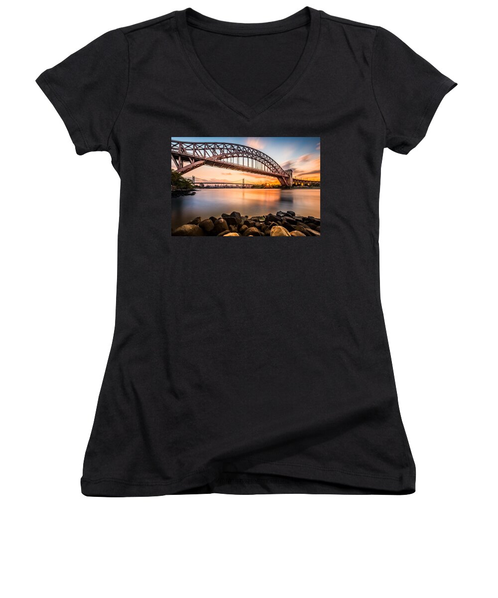 Hell Gate Women's V-Neck featuring the photograph Hell Gate and Triboro bridge at sunset by Mihai Andritoiu