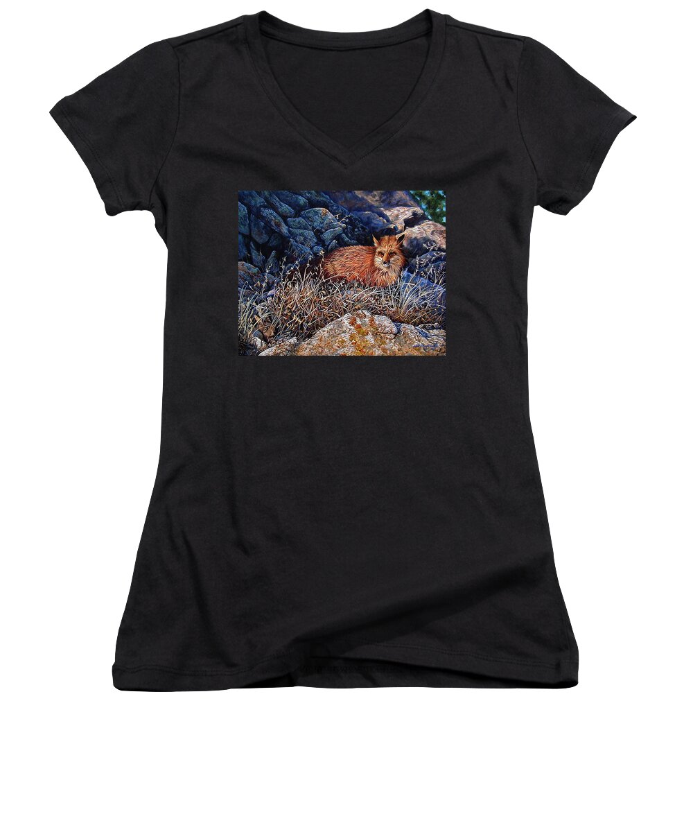 Fox Women's V-Neck featuring the painting Hide and Seek by Craig Burgwardt