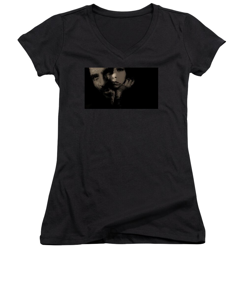 Emotional Emotive Black Sepia Women Man Photography Digital Art Women's V-Neck featuring the photograph His amusement her content by Jessica S
