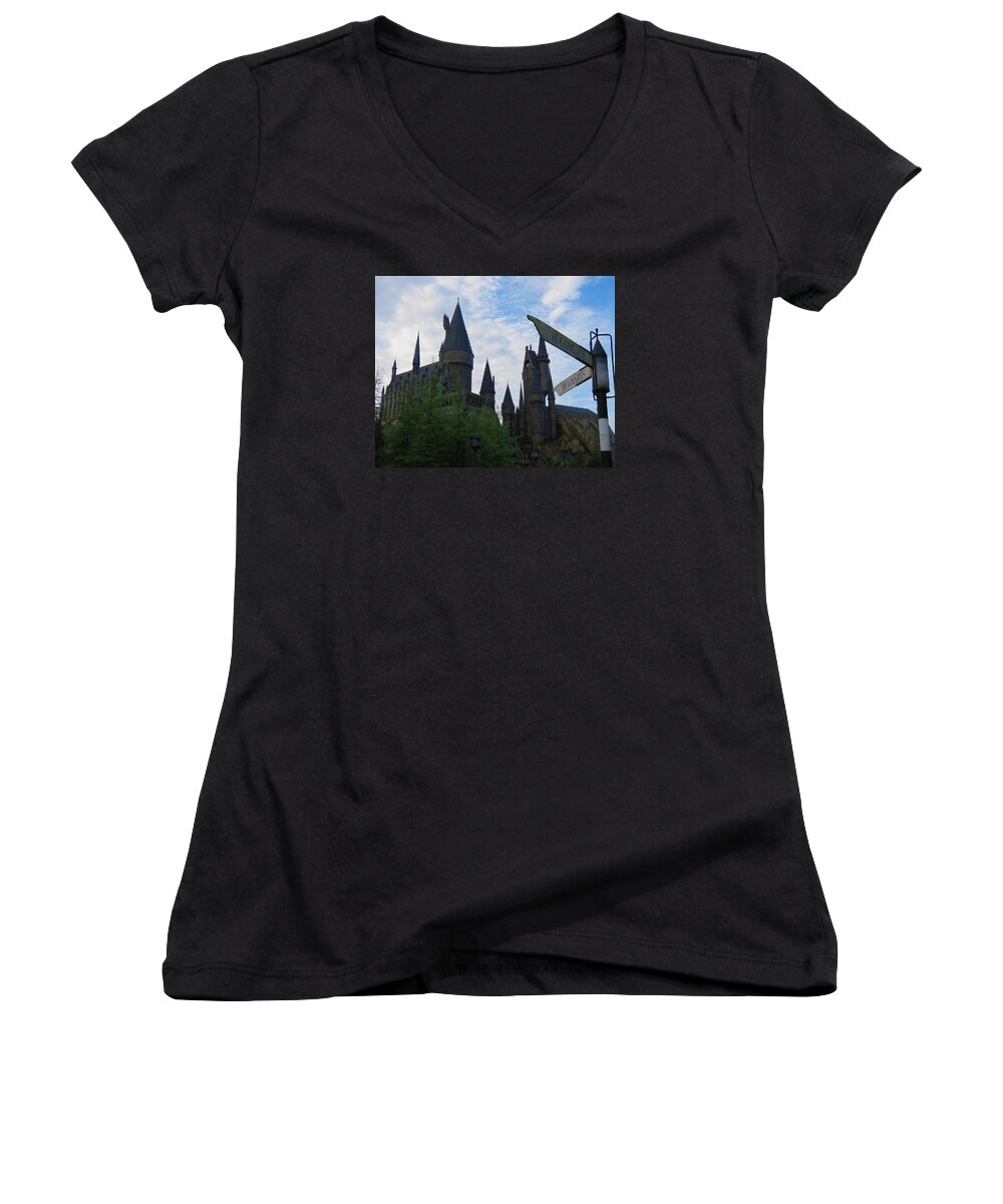Kathy Long Women's V-Neck featuring the photograph Hogwarts Castle with Signs by Kathy Long