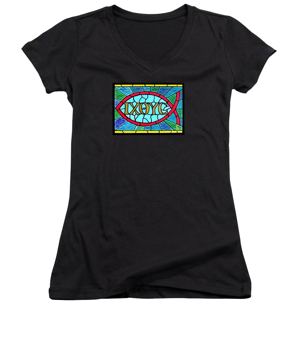 Church Women's V-Neck featuring the painting Icthus Sign of the Fish by Jim Harris