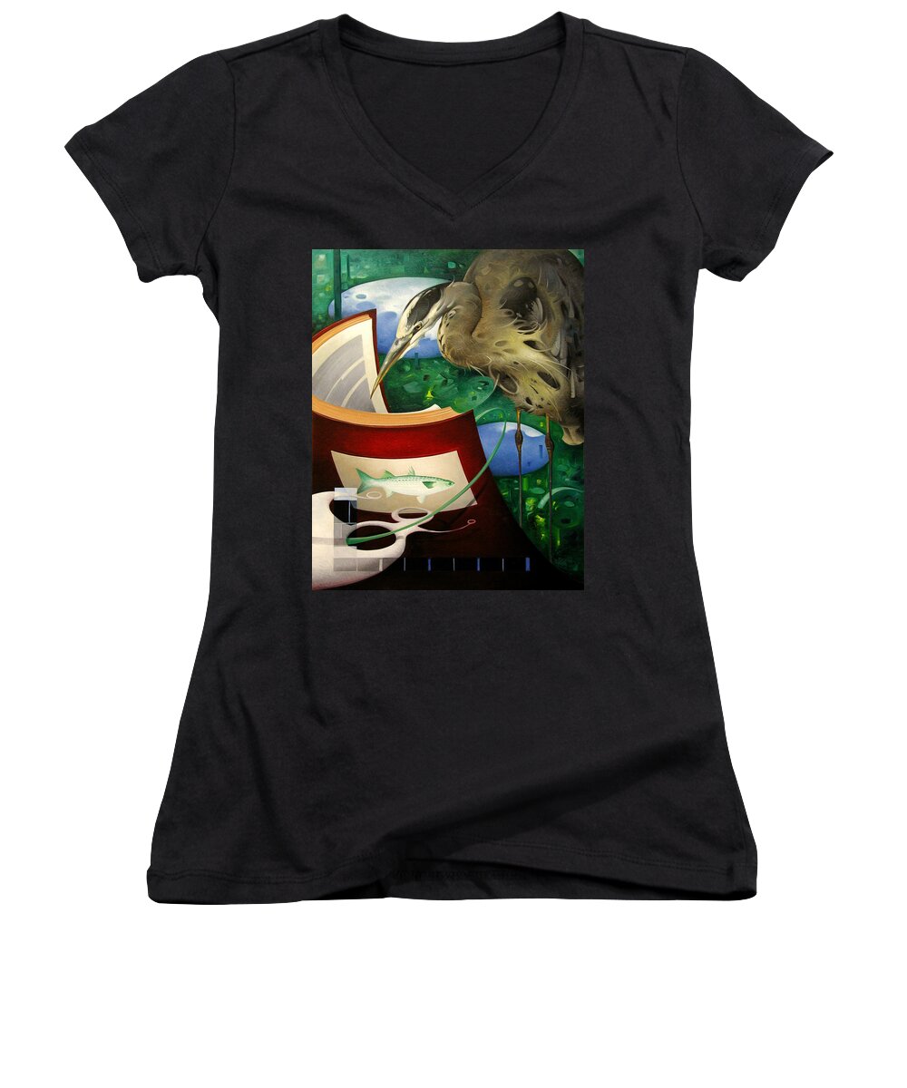 Heron Women's V-Neck featuring the painting It's Hard To Put Down a Good Book by T S Carson