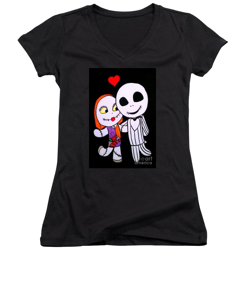 Marisela Mungia Women's V-Neck featuring the painting Jack and Sally by Marisela Mungia